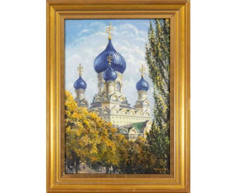 K. Vetter, Maler 1. H. 20. Jh., Ansicht einer orthodoxen Kirche mit blauen Zwiebelkuppeln in Tallinn, Öl auf Karton, u. re. s