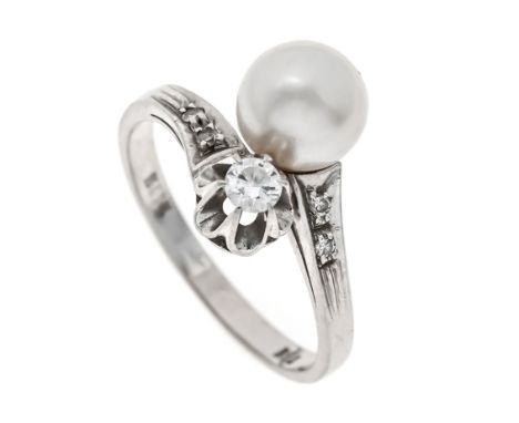 Akoyaperlen-Brillant-Ring WG 750/000 mit einer weißen Akoyaperle 7,7 mm, einem Brillanten 0,13 ct W/SI und 4 Achtkant-Diamant