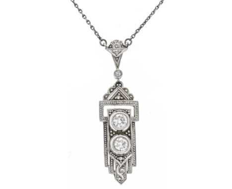 Art Déco -Collier GG/WG 585/000 mit 2 Altschliff-Diamanten, zus. 0,36 ct l.get.W/SI, Kastenschließe mit SI-Acht, L. 43 cm, 3,