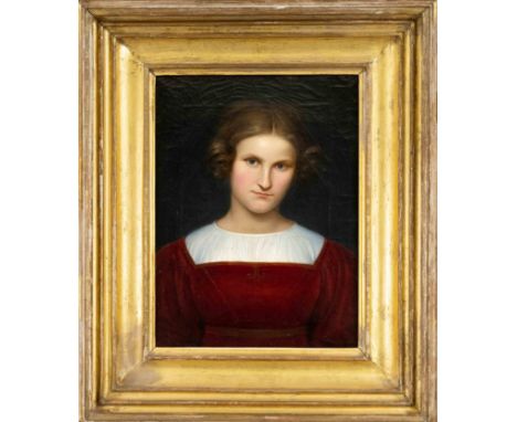 Wilhelm Friedrich von Schadow (1788-1862) Umkreis/Schule, bezauberndes Portrait einer jungen Frau en face in rotem Kleid mit 
