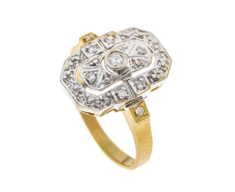 Brillant-Ring im Art Deco-Stil GG/WG 585/000 mit einem Brillanten und 6 Achtkant-Diamanten, zus. ca. 0,07 ct W/SI, RG 53, 3,2