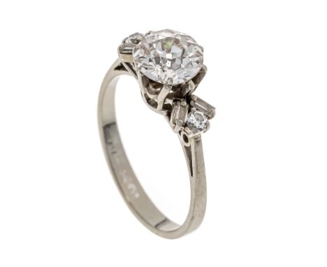 Altschliff-Diamant-Ring WG 750/000 mit einem Altschliff-Diamant 1,31 ct l.get.W/SI3, 4 Diamant-Baguettes und 2 Brillanten, zu