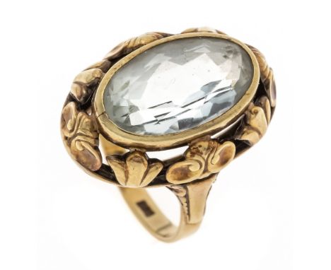 Edelstein-Ring um 1940 GG 585/000 mit einem oval fac. blauen Edelstein 16 x 9 mm, RG 54, 6,4 g