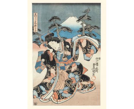 Utagawa Kunisada, Japan, 19. Jh. (Edo-Zeit). Portrait eines Kabuki-Schauspielers vor Fuji. Oban Hochformat, gerahmt hinter Gl