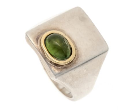 Herren-Ring mit Grünem Stein Silber 925/000 und Gelbgold mit einem ovalen Schmuckstein-Cabochon 8 x 6 mm, Gelbgrün, RG 63, 16