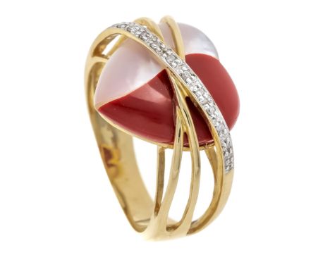 Herz-Diamant-Ring GG/WG 585/000 mit einem rot-weißen herzförmigen Schmuckstein 16 x 16 mm und 10 Achtkant-Diamanten, zus. 0,0