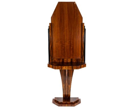 Konsoltisch mit Spiegelaufsatz im Art Déco-Stil, Mitte 20. Jh., exotisches Nussbaumholz furniert, Spiegelglas fehlt, 191 x 70