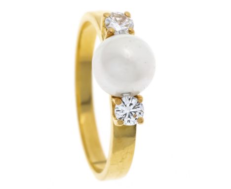 Akoya-Brillant-Ring GG 750/000 ungest., gepr., mit einer Akoyaperle 7 mm und 2 Brillanten, zus. 0,20 ct TW/VS, RG 57, 4,1 g
