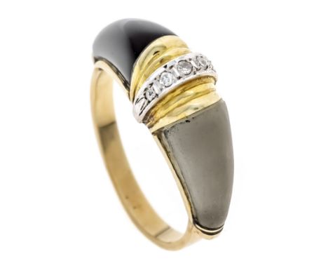Schmuckstein-Diamant-Ring GG 585/000 ungest., gepr., mit einem transparenten und einem schwarzen Element auf den Ringschulter