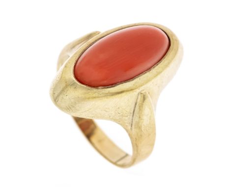 Korallen-Ring GG 333/000 mit einem ovalen Korallen-Cabochon 15,5 x 7,5 mm, in einem leicht orangestichigen Rot, RG 56, 4,3 g