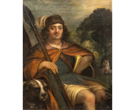 Genremaler des 18.Jh., jagdl. Portrait eines Adligen mit Partisane u. Horn, flankiert von einem Jagdhund, dreiviertelfigurige
