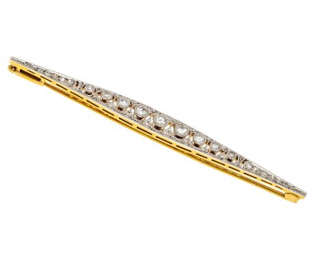 Art Déco Brillant-Stabnadel Platin 900/000 und GG 750/000 ungest., gepr., mit 23 Altschliff-Diamanten, zus. 0,61 ct W-l.get.W