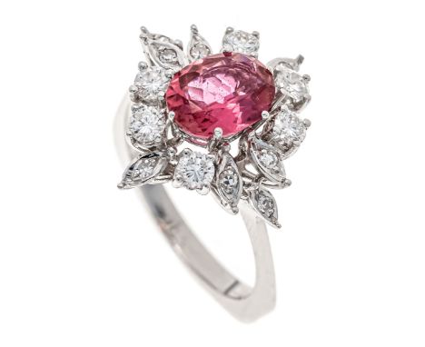 Pink Turmalin-Diamant-Ring WG 750/000 mit einem oval fac. Pink Turmalin 9,0 x 7,0 mm, 6 Brillanten und 8 Achtkant-Diamanten, 