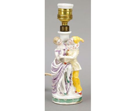Figürlicher Lampenfuß, Art-Deco-Figur mit Pierot und Columbine, deutsch, Anf. 20. Jh., farbig staffiert, Gold ber., elektrif.