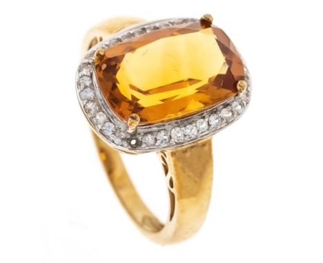 Citrin-Brillant-Ring GG/WG 375/000 mit einem im Antikschliff fac. Citrin 14 x 9,1 mm und 31 Brillanten, zus. ca. 0,22 ct W/SI