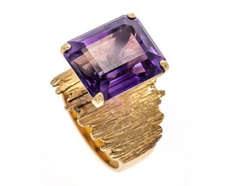 Amethyst-Ring GG 750/000 mit einem im Smaragdschliff fac. Amethyst 14,6 x 12,5 mm, RG 53, Goldschmiedeanfertigung, 10,5 g