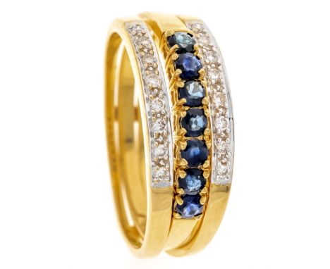 Saphir-Diamant-Ring GG/WG 750/000 mittlere Ringschiene zum Wechseln mit rund fac. Saphiren, feste Ringschiene 2-reihig mit Di