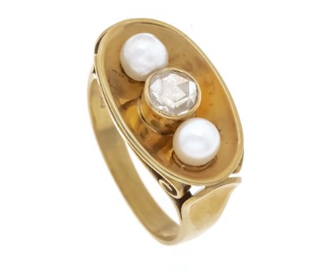 Diamantrosen-Perlen-Ring GG 585/000 mit 2 weißen Zuchtperlen 5 mm und einer Diamantrose 5 mm, RG 55, 5,9 g