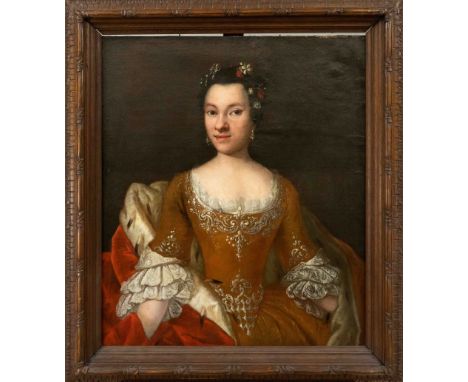 Anonymer Bildnismaler des 18. Jh., Portrait einer Dame mit Hermelinumhang und blumengeschmückten Haar, Öl auf Lwd., unsign., 