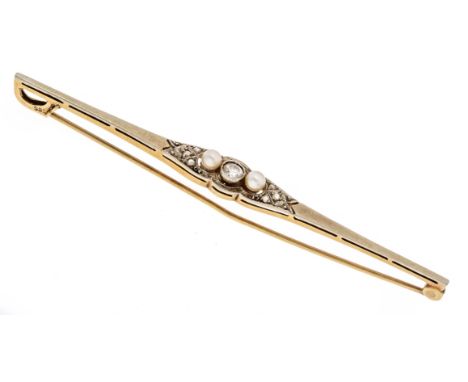 Art Deco Stabnadel GG 585/000 mit 2 weißen Orientperlen 2,9 mm, einem Altschliff-Diamanten ca. 0,07 ct l.get.W/SI und Diamant
