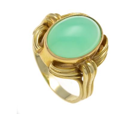 Chrysopras-Ring GG 585/000 mit einem ovalen Chrysopras-Cabochon 13 x 9 mm, RG 52, 6,3 g