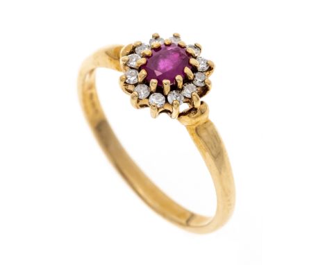 Rubin-Brillant-Ring GG 375/000 mit einem oval fac. Rubin 5 mm und 12 Diamanten, zus. 0,06 ct l.get.W/SI, RG 57, 2,2 g