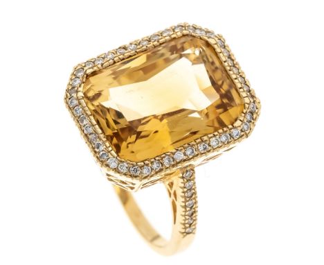 Citrin-Brillant-Ring GG 585/000 mit einem im Scherenschliff fac. Citrin 16,5 x 12 mm und 44 Brillanten, zus. ca. 0,31 ct W&am