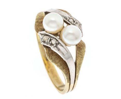 Perlen-Diamant-Ring um 1920 GG/WG 585/000 mit 2 cremeweißen Akoyaperlen 5 mm und 4 Diamantrosen, RG 58, 4,4 g