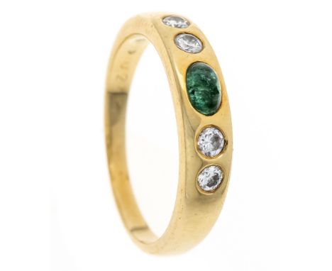 Smaragd-Brillant-Ring GG 585/000 mit einem ovalen Smaragd-Cabochon 5 x 3 mm, Grün, transparent und 4 Brillanten, zus. ca. 0,2