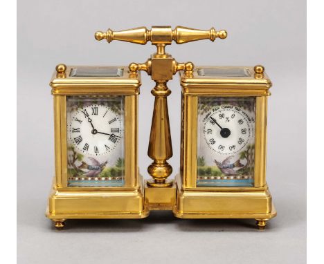 Reisewecker + Barometer, 20.Jh., Messing vergoldet mit oben angebrachter Handhabe, allseitig figürliche und florale Bemalung 