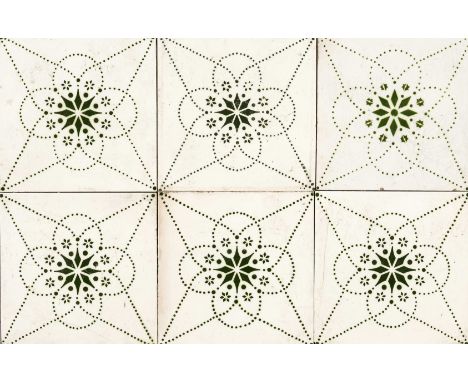 62 Art-déco-Fliesen, 1930er Jahre, grünes Raportmuster auf Sternbasis, je 15 x 15 cm