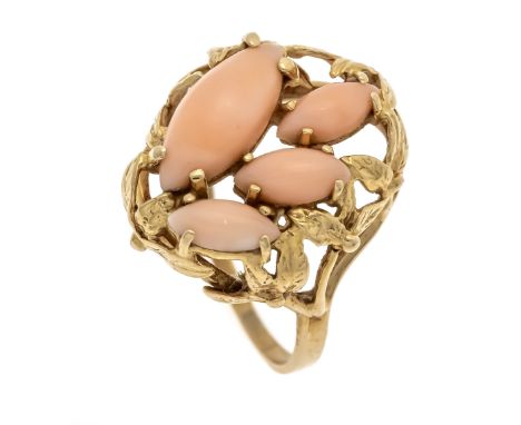 Garten-Ring GG 585/000 mit 4 navetteförmigen rosa Korallen-Cabochons 14 x 6 und 8 x 4 mm, RG 57, 5,7 g
