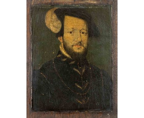 Bildnismaler in der Art von Hans Holbein d.J., Brustportrait eines Edelmannes mittleren Alters mit federgeschmücktem Hut vor 
