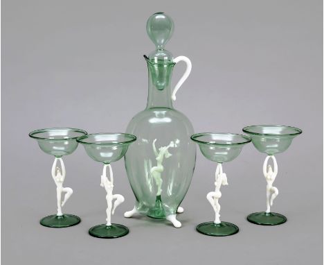 Fünfteiliges Art Déco Glasset, Lauscha, Entwurf Fritz Lampl (1892-1955, österr. Schriftsteller und Glaskünstler), Karaffe und