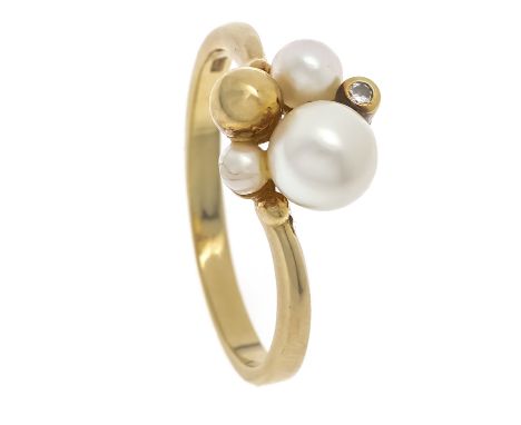 Perlen-Diamant-Ring GG 585/000 mit 3 cremeweißen Zuchtperlen 6 - 3 mm und einem Brillanten 0,02 ct get.W/SI, RG 55, 2,9 g