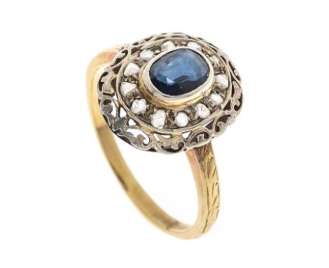 Saphir-Altschliff-Diamant-Ring GG/WG 700/000 ungest., gepr., mit einem oval fac. Saphir 5,5 x 4,2 mm und Diamantrosen, RG 50,