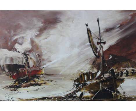 A 20th century abstract framed oil on board painting depicting two boats at low water and cloudy sky/ Measures:42cms x 75cms.