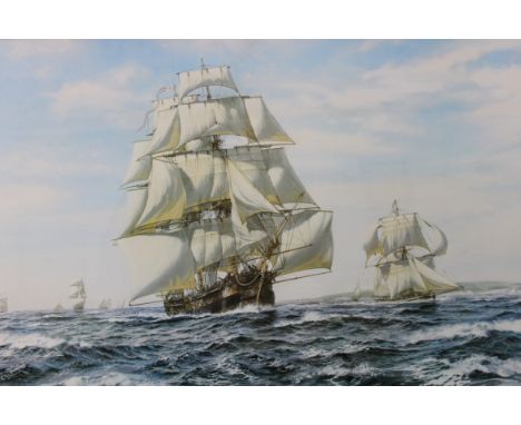 A large lithograph print of pictures after ROY CROSS depicting ships on stromy sea. No signature or marks. Measure:50cms x 75