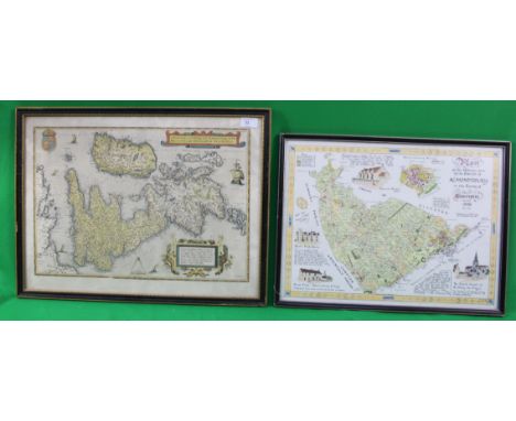 A lithograph print of a map '' ANGLIAE, SCOTIAE, ET HIBERNIAE, SIVE BRITANNICAR: INSVLARVMC DESCRIPTION '' Framed and glazed.