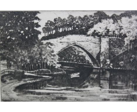 After ABERDEEN ' 'BRIG-O-BALGOWNIE '' A lithograph print depicting a small river crossed by a bridge. The pictures is signed 