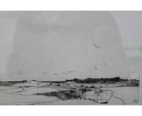 A 20th century pencil sketch /  painting depicting a landscape view. The pictures is signed at the margin by the artist altho