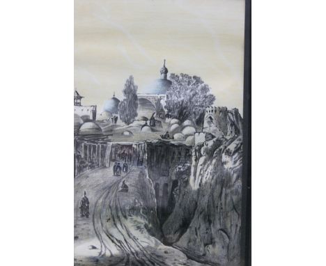 A lithograph painting in crayon / sketch depicting a village or town from Arabia. The picture is signed at the lower corner. 