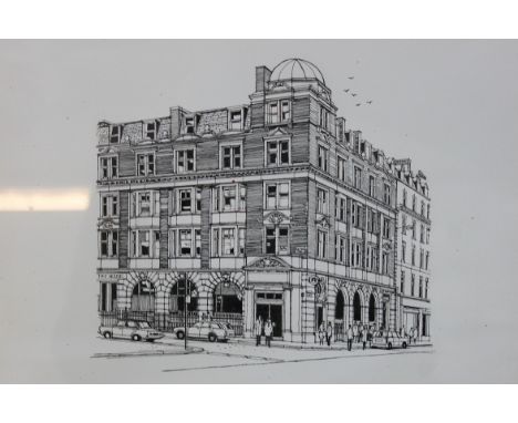 A pencil sketch / pastel painting , depicting a corner of a building possibly a hotel or public building. The picture is sign