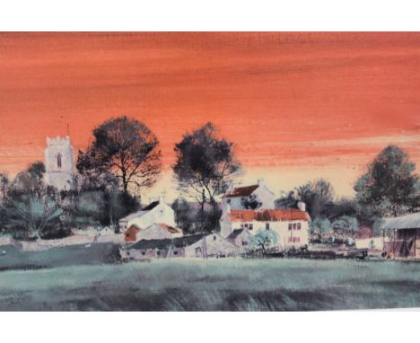 A 20th century circa large lithograph print after '' Barnfather 67 '' depicting a view of a village scene in white frame. Mea