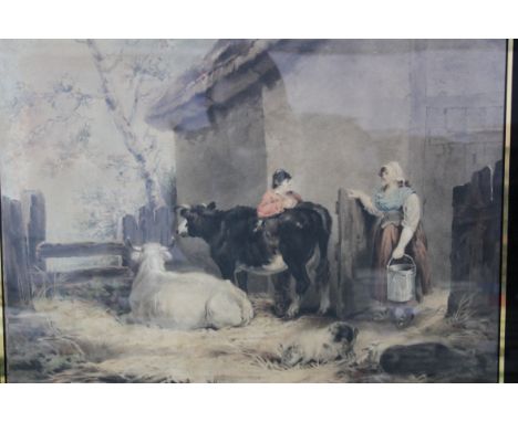 A lithograph print of a painting depicting a scene from a farm entitled '' Cowherd and milkmaid ''  after GEORGE MORLAND. Mea