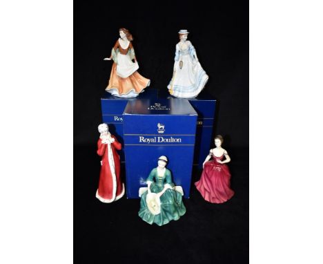 FIVE ROYAL DOULTON FIGURINES: HN2842 'Innocence', HN 2228 'Lady from Williamsburg', HN 3060 'Wintertime', HN3231 'Autumntime'