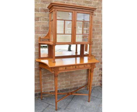 &nbsp;SATINWOOD FRAMED DISPLAY CABINET,the upper section having a cornice above a central cabinet the twin doors having small