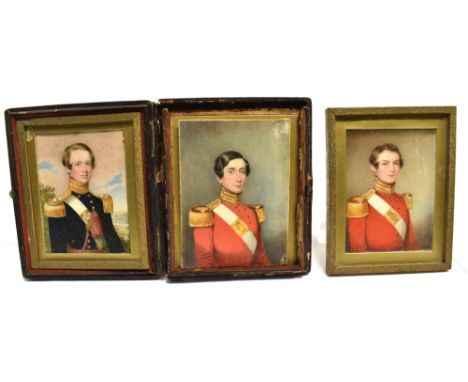 A GROUP OF THREE PORTRAIT MINATURES  of young gentlemen in military uniforms, gouache on ivorine, 11.5cm x 9cm Condition Repo