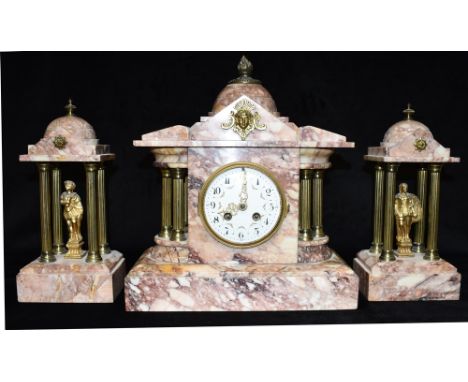 A VICTORIAN MARBLE CLOCK GARNITURE  the enamel dial with Arabic numerals and floral decoration, French 8-day movement strikin