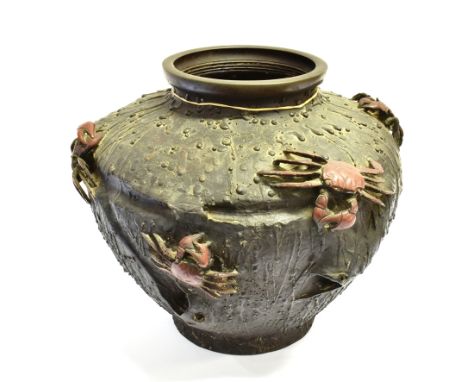 A JAPANESE MEIJI PERIOD PATINATED BRONZE JARDINIERE  with relief moulded decoration of crabs, 25cm high Condition Report : ge